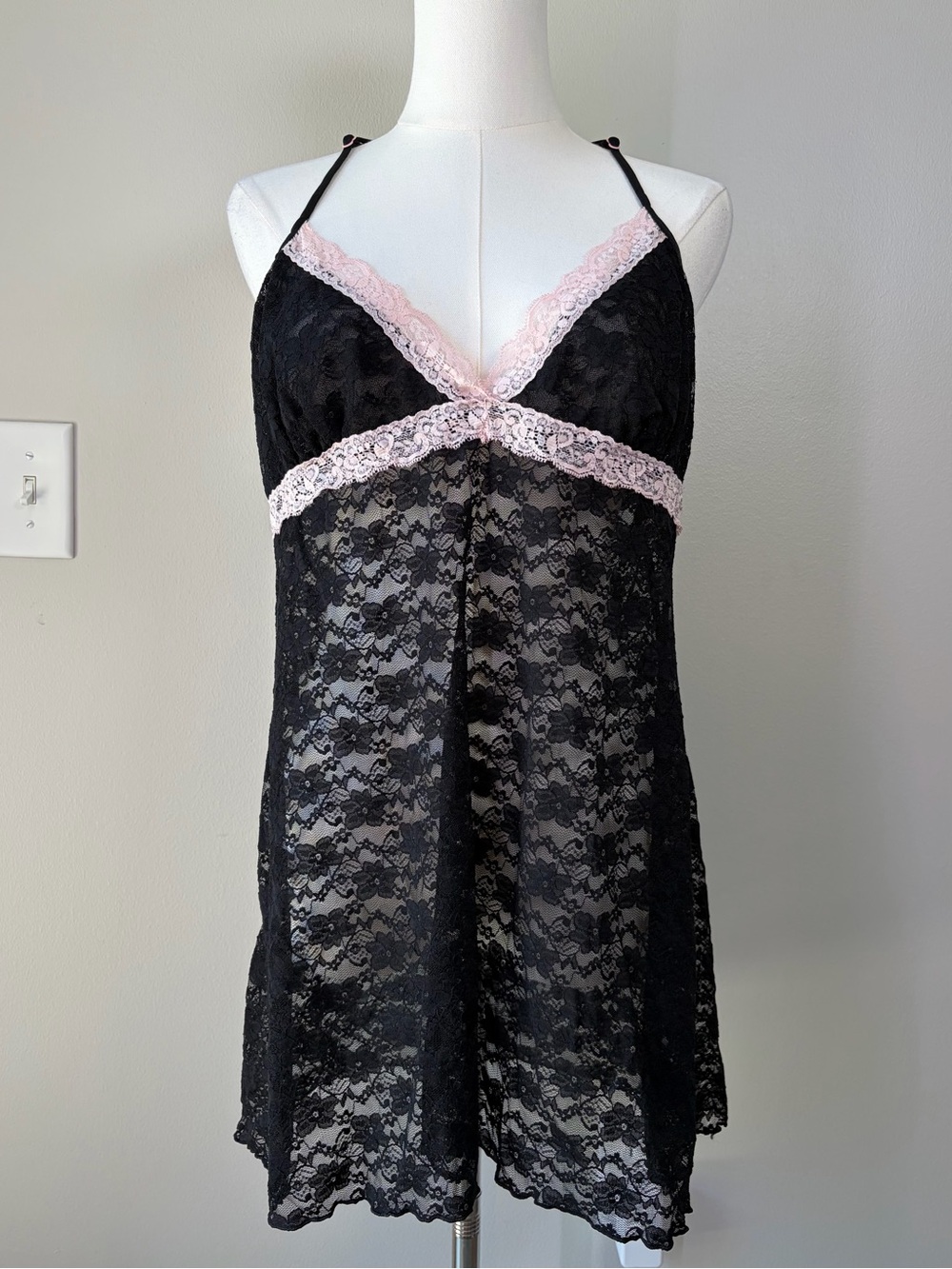 Cosmopolitan Black Lace Slip Dress with Pink Trim Feminine Romantic Flirty